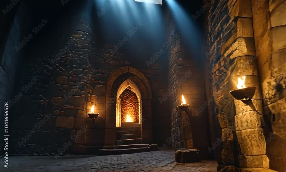Interior of a dungeon with torches.