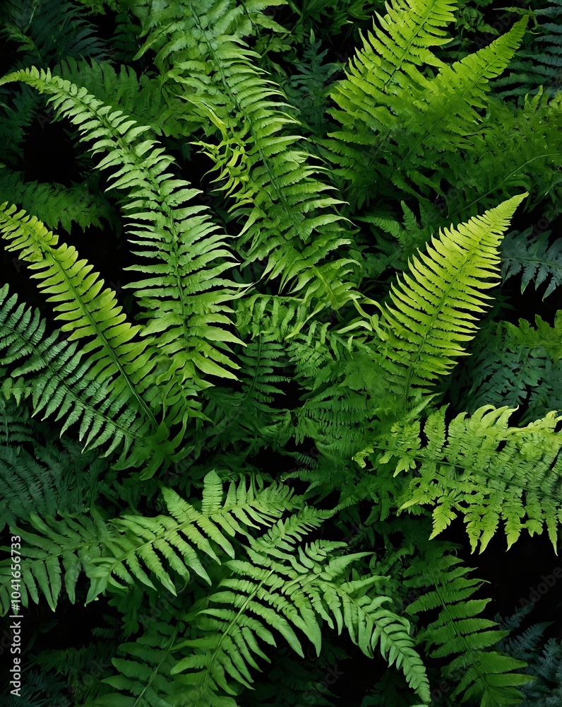 Vibrant green fern leaves captured in close-up, showcasing their intricate texture and natural beauty in a dense forest environment. Vibrant green fern leaves captured in close-up, showcasing their intricate texture and natural beauty in a dense forest environment.