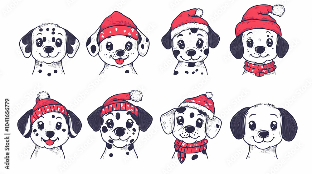 Set of cute and smiley baby dog doodles. Happy baby dog faces of dalmatian, pug, poodle, beagle with flat color, bows, hats, and scarves isolated on white. Sticker, comic, and print design. Set of cute and smiley baby dog doodles. Happy baby dog faces of dalmatian, pug, poodle, beagle with flat color, bows, hats, and scarves isolated on white. Sticker, comic, and print design.