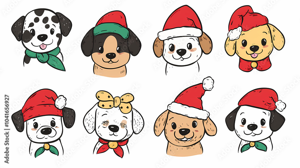 Set of cute and smiley baby dog doodles. Happy baby dog faces of dalmatian, pug, poodle, beagle with flat color, bows, hats, and scarves isolated on white. Sticker, comic, and print design. Set of cute and smiley baby dog doodles. Happy baby dog faces of dalmatian, pug, poodle, beagle with flat color, bows, hats, and scarves isolated on white. Sticker, comic, and print design.