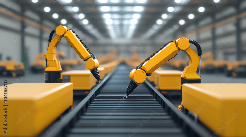 Two robotic arms working on a modern assembly line in a factory setting, showcasing automation and technology in industrial processes. Two robotic arms working on a modern assembly line in a factory setting, showcasing automation and technology in industrial processes.