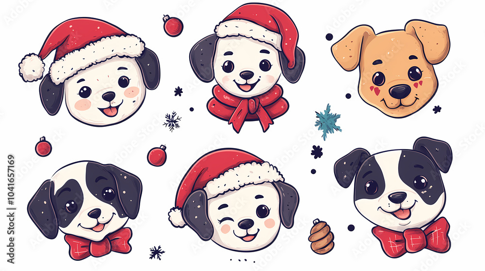 Obraz premium Set of cute and smiley baby dog doodles. Happy baby dog faces of dalmatian, pug, poodle, beagle with flat color, bows, hats, and scarves isolated on white. Sticker, comic, and print design.