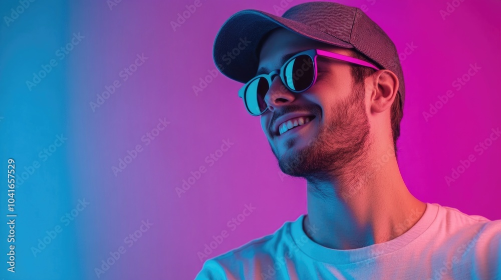 A man wearing sunglasses and a baseball cap, suitable for use in fashion or casual settings A man wearing sunglasses and a baseball cap, suitable for use in fashion or casual settings