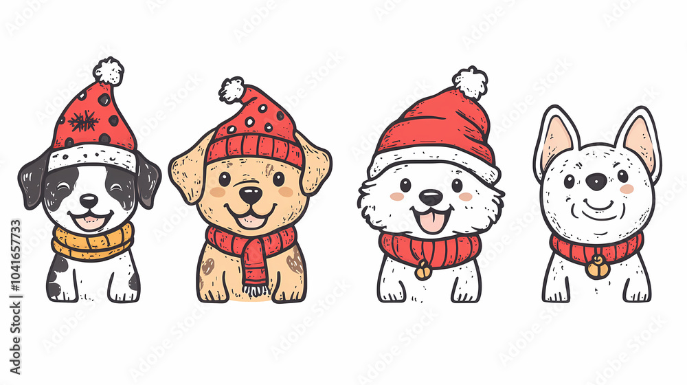 Set of cute and smiley baby dog doodles. Happy baby dog faces of dalmatian, pug, poodle, beagle with flat color, bows, hats, and scarves isolated on white. Sticker, comic, and print design.