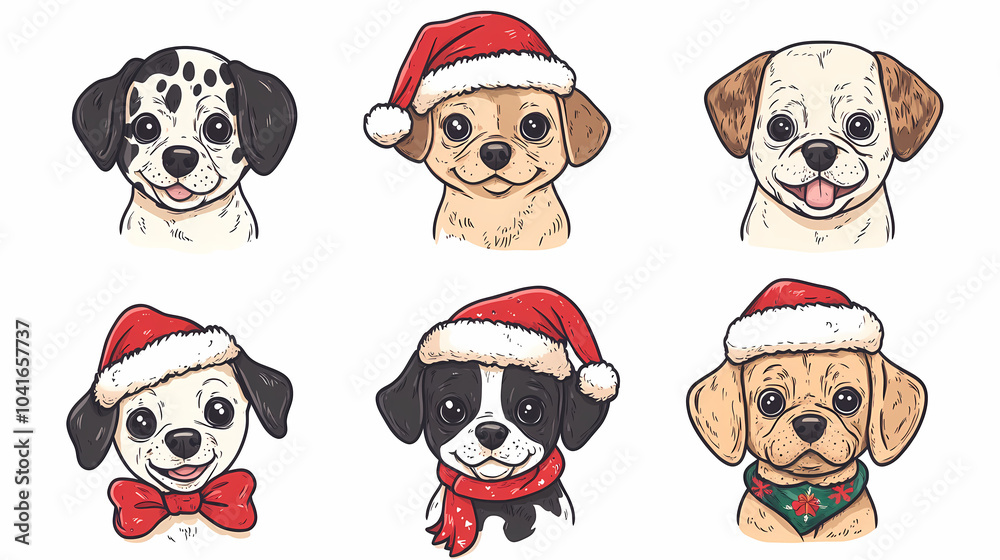 Set of cute and smiley baby dog doodles. Happy baby dog faces of dalmatian, pug, poodle, beagle with flat color, bows, hats, and scarves isolated on white. Sticker, comic, and print design. Set of cute and smiley baby dog doodles. Happy baby dog faces of dalmatian, pug, poodle, beagle with flat color, bows, hats, and scarves isolated on white. Sticker, comic, and print design.