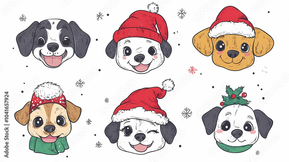 Obraz premium Set of cute and smiley baby dog doodles. Happy baby dog faces of dalmatian, pug, poodle, beagle with flat color, bows, hats, and scarves isolated on white. Sticker, comic, and print design.