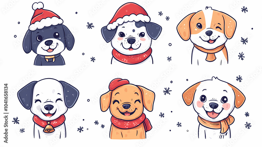 Set of cute and smiley baby dog doodles. Happy baby dog faces of dalmatian, pug, poodle, beagle with flat color, bows, hats, and scarves isolated on white. Sticker, comic, and print design. Set of cute and smiley baby dog doodles. Happy baby dog faces of dalmatian, pug, poodle, beagle with flat color, bows, hats, and scarves isolated on white. Sticker, comic, and print design.