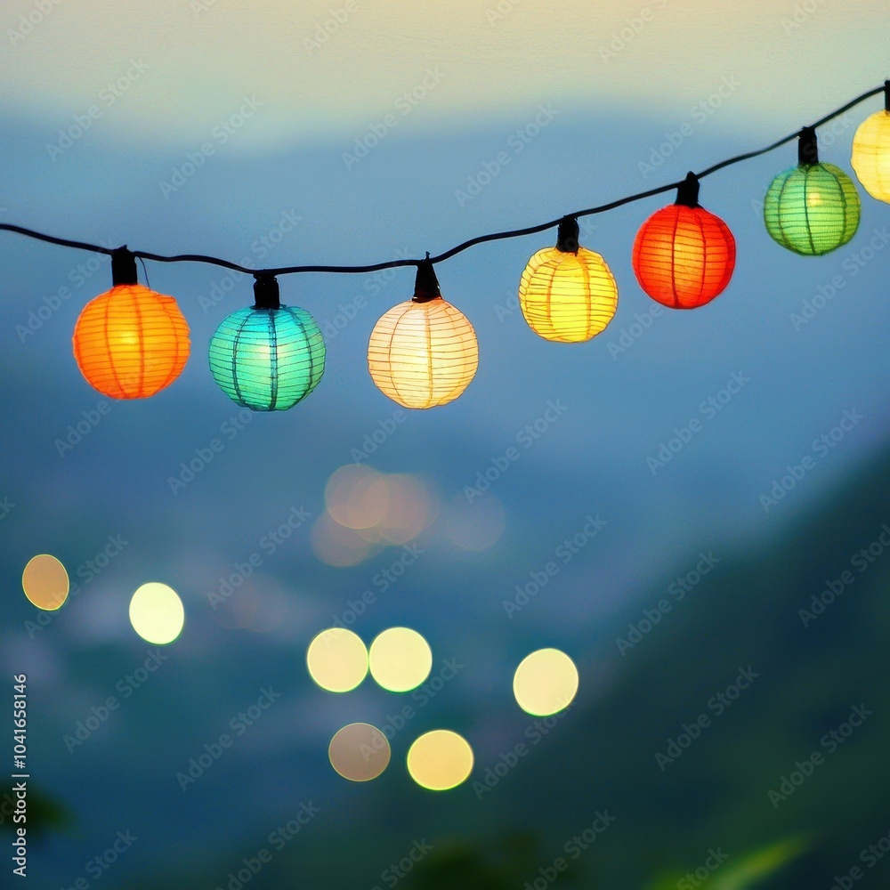 Obraz premium Village Festival Lights on Hillside at Dusk