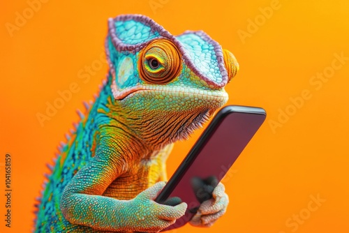 A chameleon lizard holds a cell phone in its hand, showcasing its unique ability to blend in with surroundings