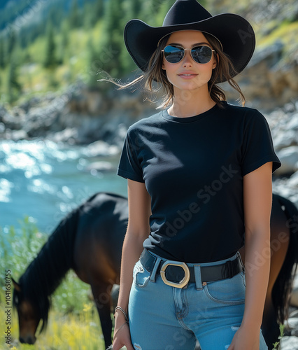 mockup of a black flat t-shirt on the background of nature and horses