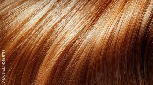 Close-up of shiny, wavy, auburn hair strands reflecting light.