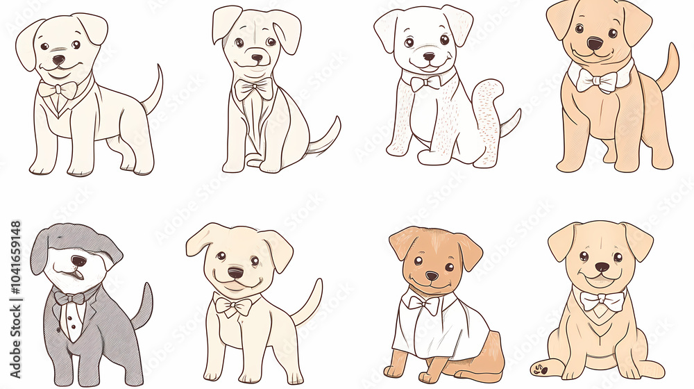 Set of cute and smiley baby dog doodles. Happy baby dog faces of dalmatian, pug, poodle, beagle with flat color, bows, hats, and scarves isolated on white. Sticker, comic, and print design. Set of cute and smiley baby dog doodles. Happy baby dog faces of dalmatian, pug, poodle, beagle with flat color, bows, hats, and scarves isolated on white. Sticker, comic, and print design.