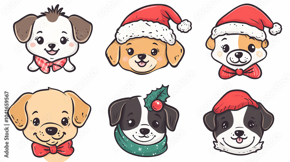 Set of cute and smiley baby dog doodles. Happy baby dog faces of dalmatian, pug, poodle, beagle with flat color, bows, hats, and scarves isolated on white. Sticker, comic, and print design. Set of cute and smiley baby dog doodles. Happy baby dog faces of dalmatian, pug, poodle, beagle with flat color, bows, hats, and scarves isolated on white. Sticker, comic, and print design.