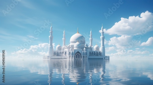 Large white mosque on a calm body of water.