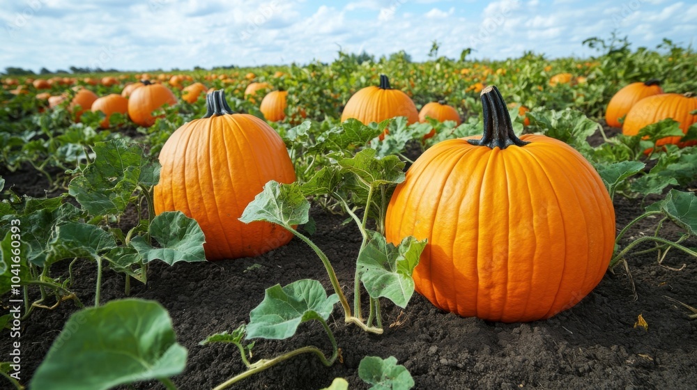 A bustling pumpkin patch, its vines sprawling across the fertile soil as bright orange pumpkins of all A bustling pumpkin patch, its vines sprawling across the fertile soil as bright orange pumpkins of all