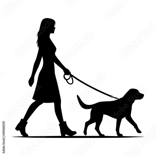 On a white background, a vector silhouette of a woman walking with her leashed dog. symbol for a pet, companion, animal, or stroll. Vector silhouette of woman who walk with her dog with leash on white