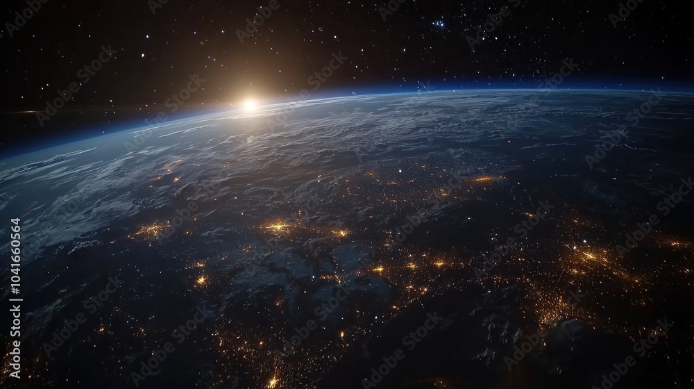 Wide shot of Earth from space, nighttime lights glowing with stars in the background