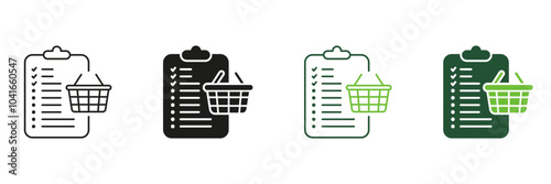 Purchase Checklist Line and Silhouette Icon Set. Grocery List to Buy Pictogram. Order List with Basket Symbol. Procurement Checkout Sign. Editable Stroke. Isolated Vector Illustration