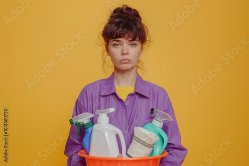 A woman holds a bucket filled with various cleaning products, ready to tackle household chores photo