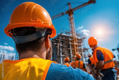 Team of construction workers wearing safety gear work at a building site with cranes and scaffolding under a bright sunset, illustrating teamwork and progress.