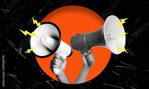Contemporary art collage featuring hands with megaphones.