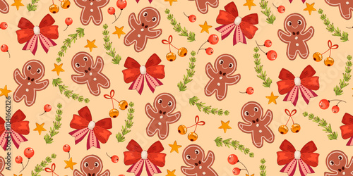 Seamless Christmas Pattern with Gingerbread Men, Bows, and Holiday Ornaments. Perfect for festive wrapping paper, holiday decor, and seasonal design projects.