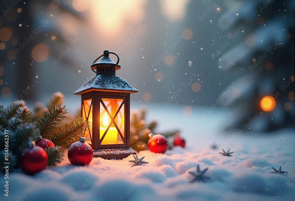 Christmas Lantern Shining in Snow with Fir Branches - Winter Decoration Background Capturing the Warmth of the Season Christmas Lantern Shining in Snow with Fir Branches - Winter Decoration Background Capturing the Warmth of the Season
