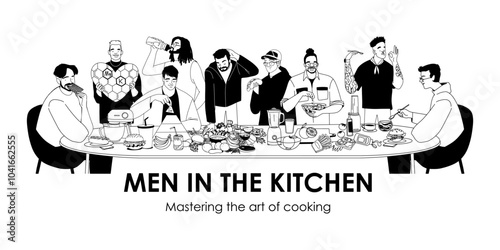 set vector line drawings, men in the kitchen. Vector illustration