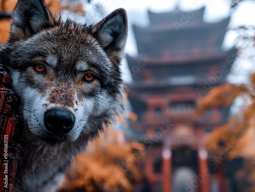 A captivating scene featuring a wolf peering through autumn foliage at an ancient temple, symbolizing mystery and the intersection of nature and tradition. photo