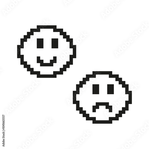 Happy and Sad Faces Pixelated Icon. Pixel Art of Positive and Negative Emotions. Feedback or Mood Symbol. Isolated Vector Illustration