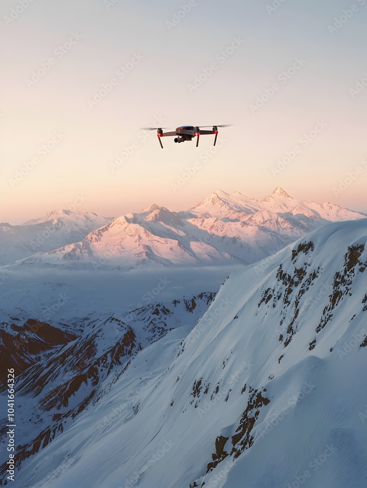 Fototapeta premium Drone Soaring Over Snowy Mountain Peaks at Dusk Capturing Adventure and