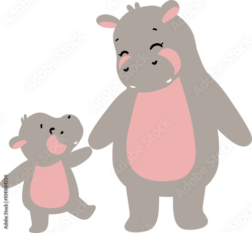 Pygmy hippo mama and baby in heartwarming scenes of affection and care. Ideal for use in wildlife conservation designs, baby products, or animal-themed illustrations