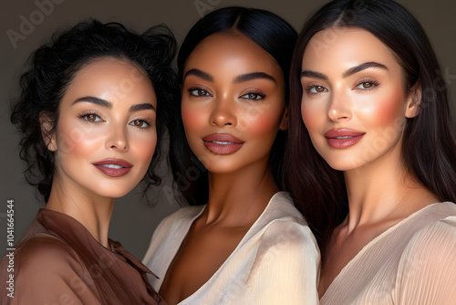 portrait professional photo of 3 women different skin color multicultural, with smooth silky shiny skin posing as models