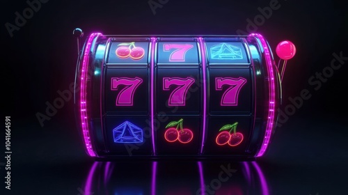 Bright slot machine reels spin with glowing symbols of cherries, sevens, and bars, capturing the excitement of casino entertainment. Generative AI photo