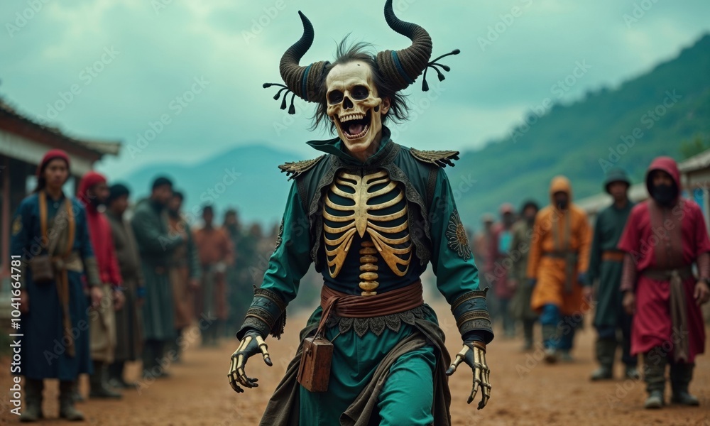 Fototapeta premium Shaman in an ethnic dress doing a mysterious ritual with skull mask. Black magic concept, fantasy. Paganism. Halloween