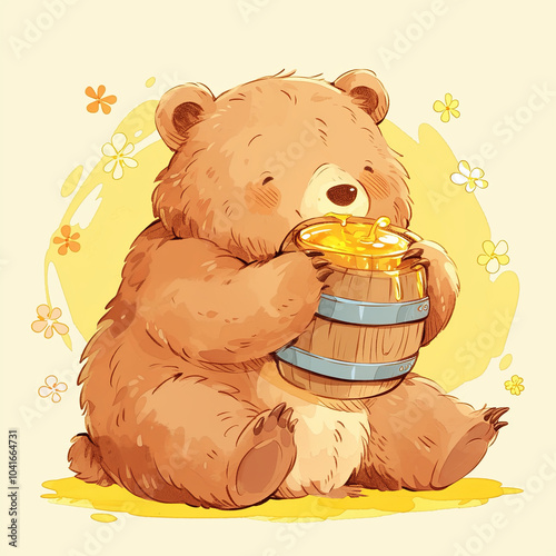 Cute bear with barrel of honey. Drawing of furry animal. Square card 