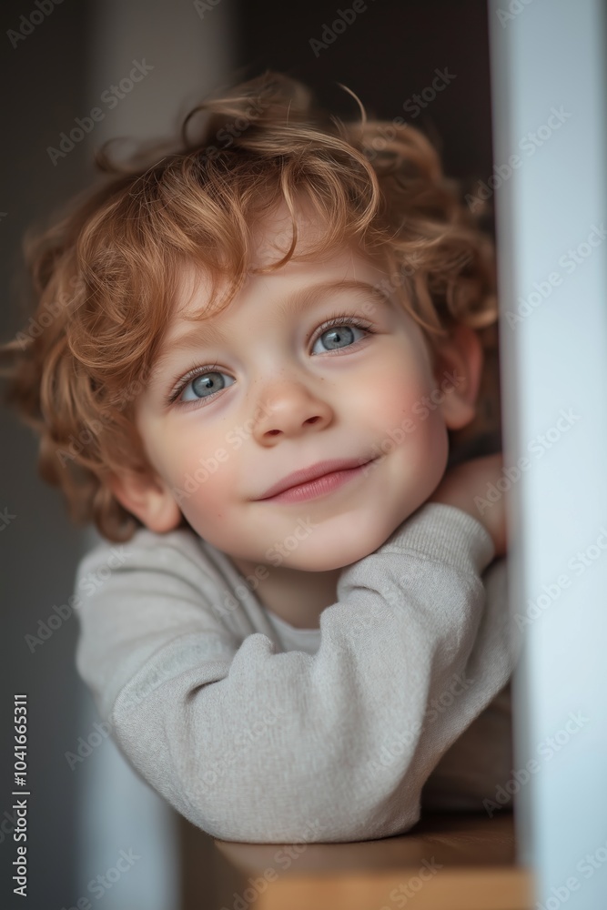 A sweet boy with curly hair and blue eyes leans on a table, wearing a light-colored sweatshirt and smiling. A sweet boy with curly hair and blue eyes leans on a table, wearing a light-colored sweatshirt and smiling.