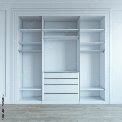 Storage space with white shelves and drawers, ideal for organizing clothes and accessories
