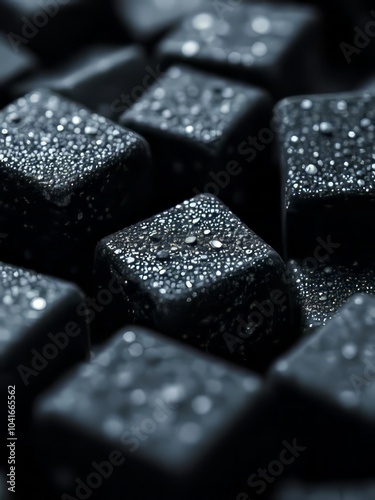 A macro shot capturing the intricate details of glistening black cubes dusted with sparkling particles highlighting texture and form glitter dust particle Ultra realistic 