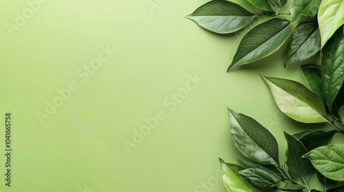 Green leaves on light green background