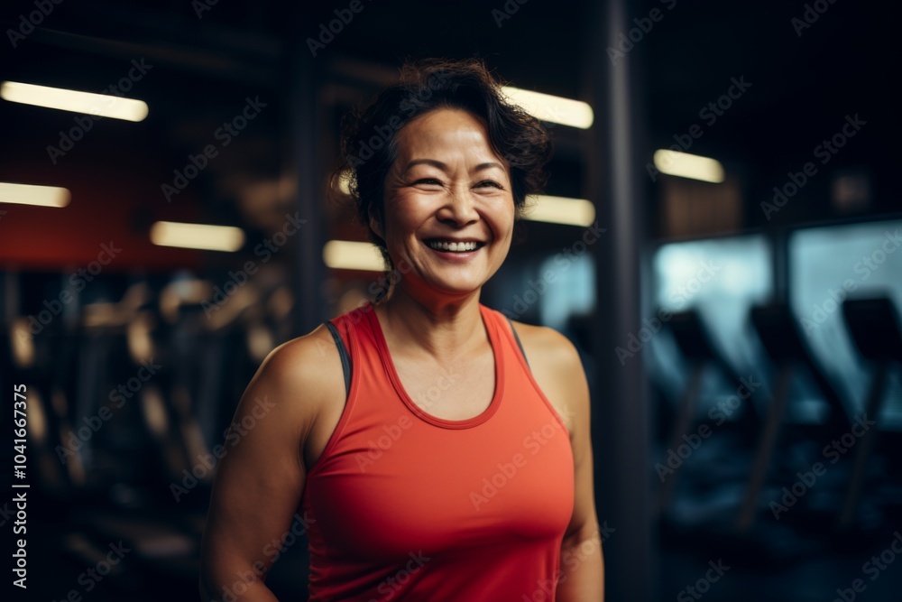 Smiling portrait of a slightly overweight middle aged woman in gym