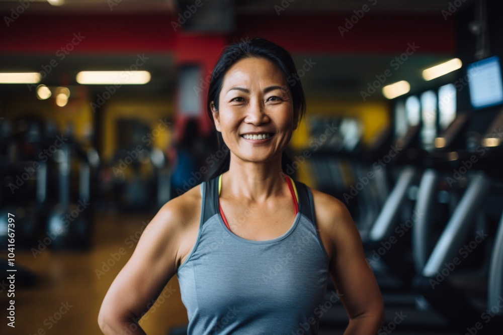 Smiling portrait of a slightly overweight middle aged woman in gym