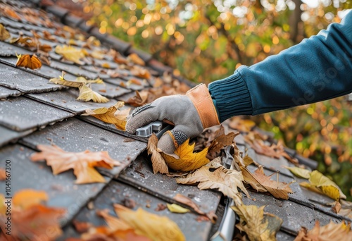 Autumn roof maintenance: hand clearing leaves from roof in fall,hand in gloves clearing dry leaves from a gutter on a rooftop, emphasizing themes of cleanliness, maintenance, and preparation photo