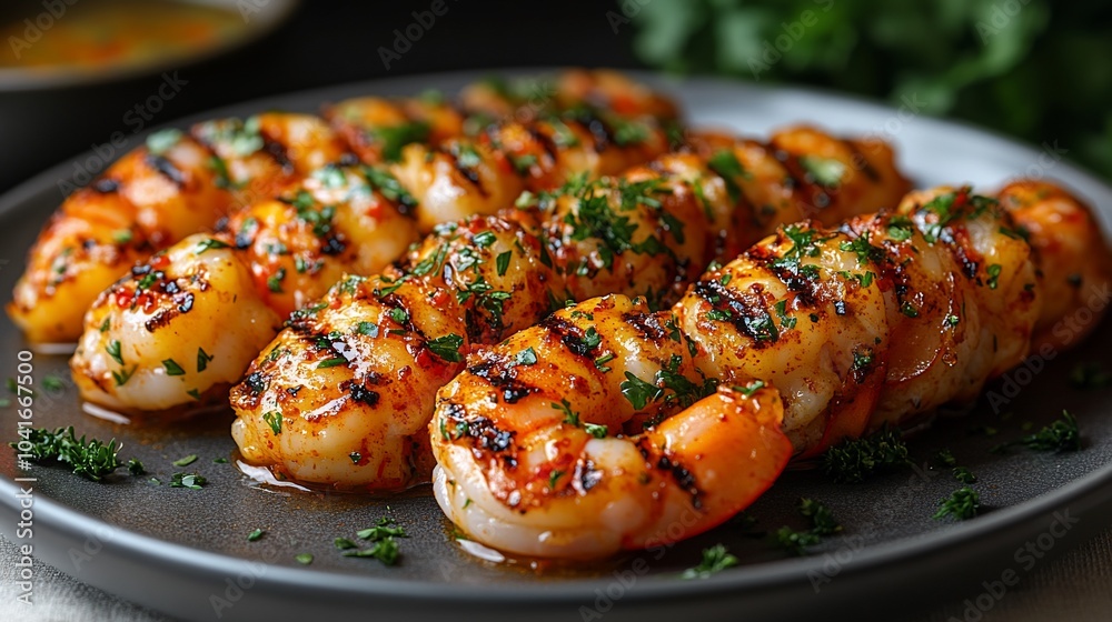 Close-up of grilled shrimp skewers on a plate with parsley garnish. Close-up of grilled shrimp skewers on a plate with parsley garnish.