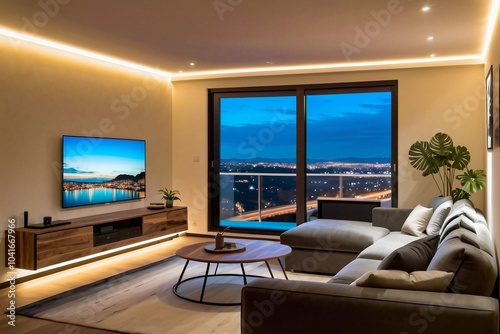 Living room with a smart TV at night. Condo or apartment in the city with a city view.