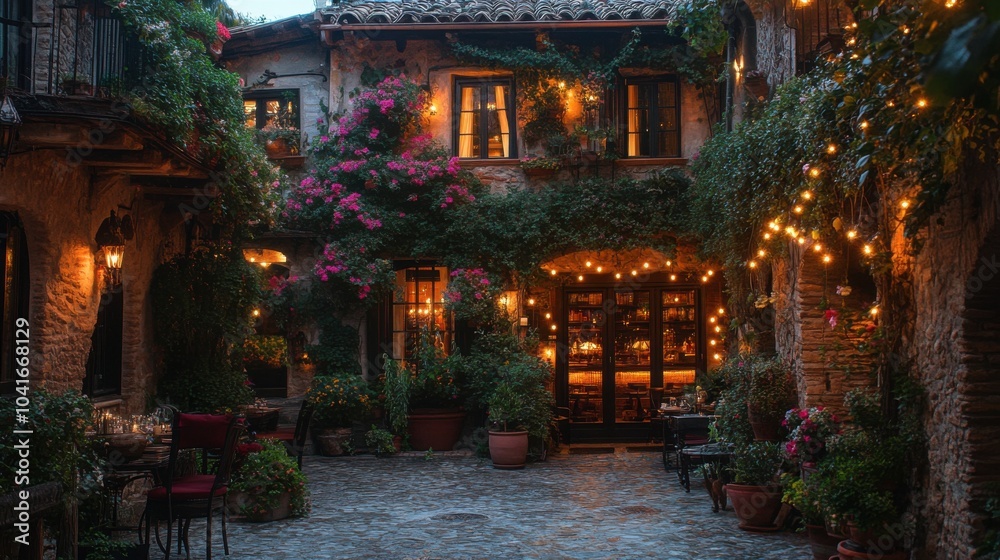 A charming hotel exterior adorned with flowering plants and warm lights, creating a welcoming ambiance. A charming hotel exterior adorned with flowering plants and warm lights, creating a welcoming ambiance.