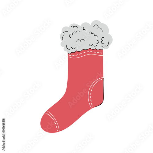 Cute winter red socks with fur on top isolated on white background. Hand drawn vector flat colored illustration. Traditional merry christmas and happy new year wear for cold winter