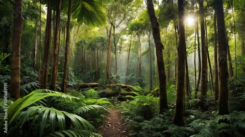 Panorama banner background of a tropical forest landscape, ideal for concepts of environmental ecology, sustainable energy, or Earth Day, suitable for spa and tourism wallpaper.