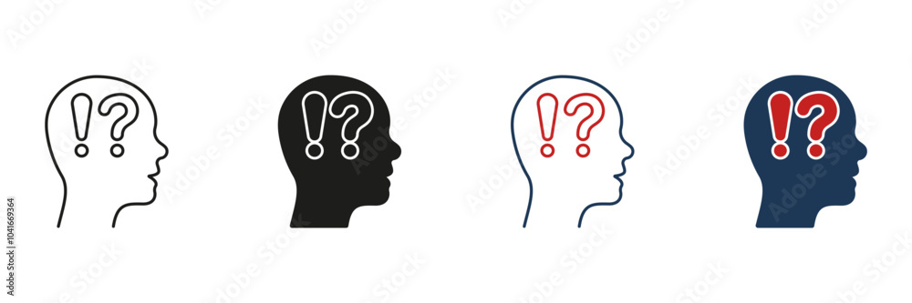 Man Confused Line and Silhouette Icon Set. Human Head with Question Mark, Exclamation Point. Person Face in Profile View Curious and Doubt Pictogram. Editable Stroke. Isolated Vector Illustration Man Confused Line and Silhouette Icon Set. Human Head with Question Mark, Exclamation Point. Person Face in Profile View Curious and Doubt Pictogram. Editable Stroke. Isolated Vector Illustration