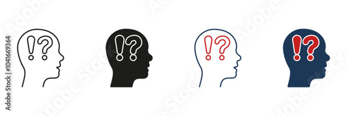 Man Confused Line and Silhouette Icon Set. Human Head with Question Mark, Exclamation Point. Person Face in Profile View Curious and Doubt Pictogram. Editable Stroke. Isolated Vector Illustration